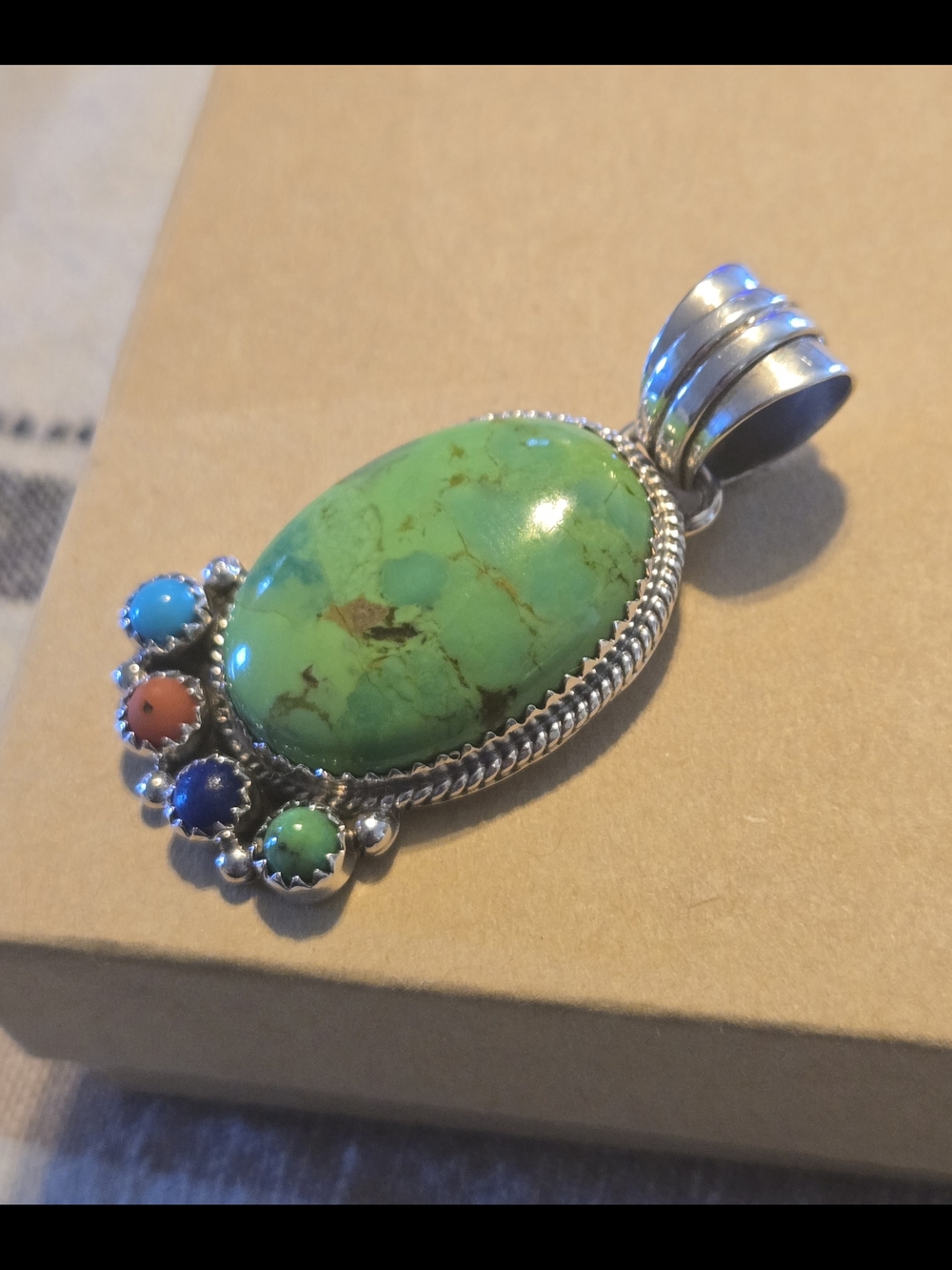 Running Bear Sterling Silver Green Turquoise Multistone Pendant - Picture 2 of 3